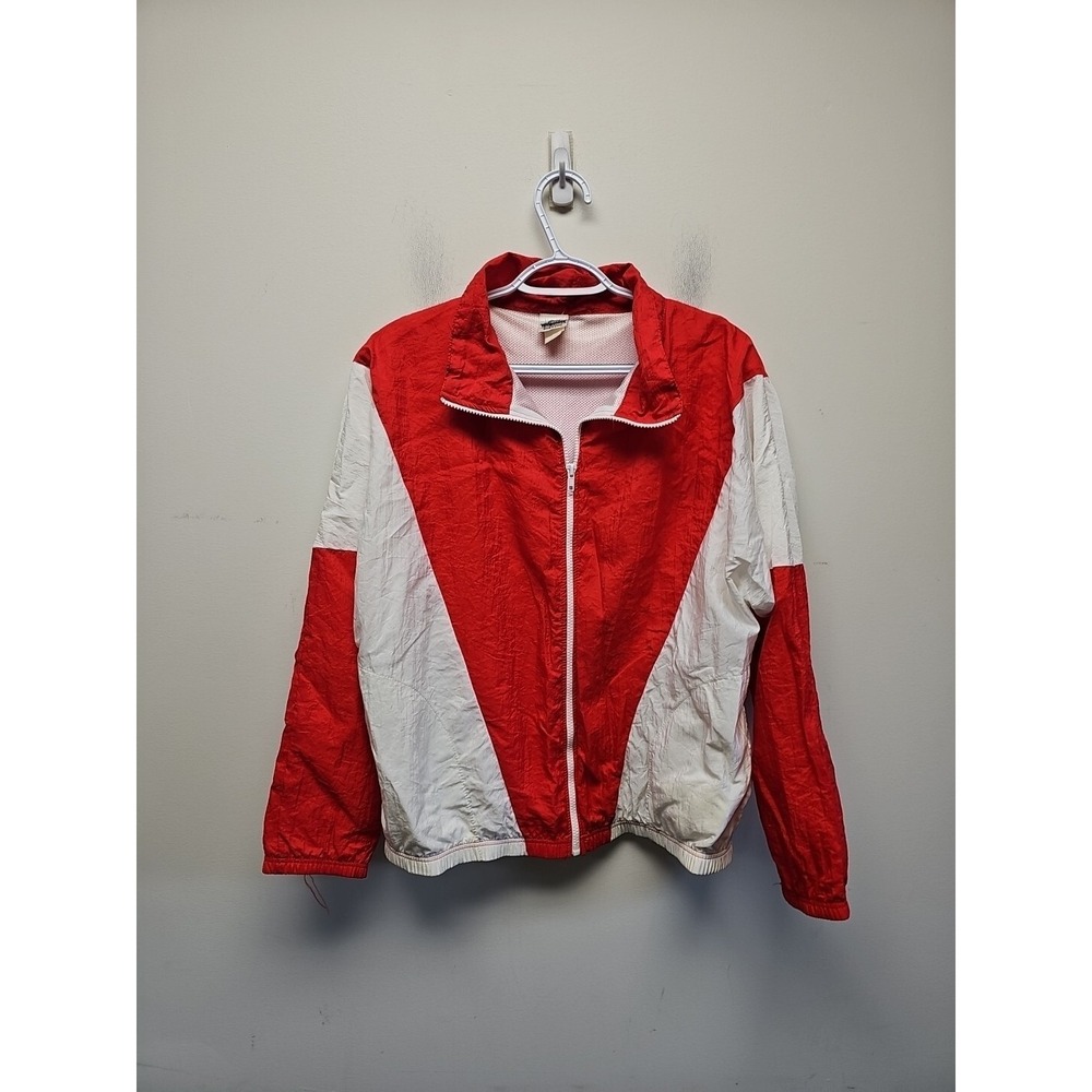 Vintage 90s BODY WRAPPERS Nylon Windbreaker Track Jacket Red White Zip Large